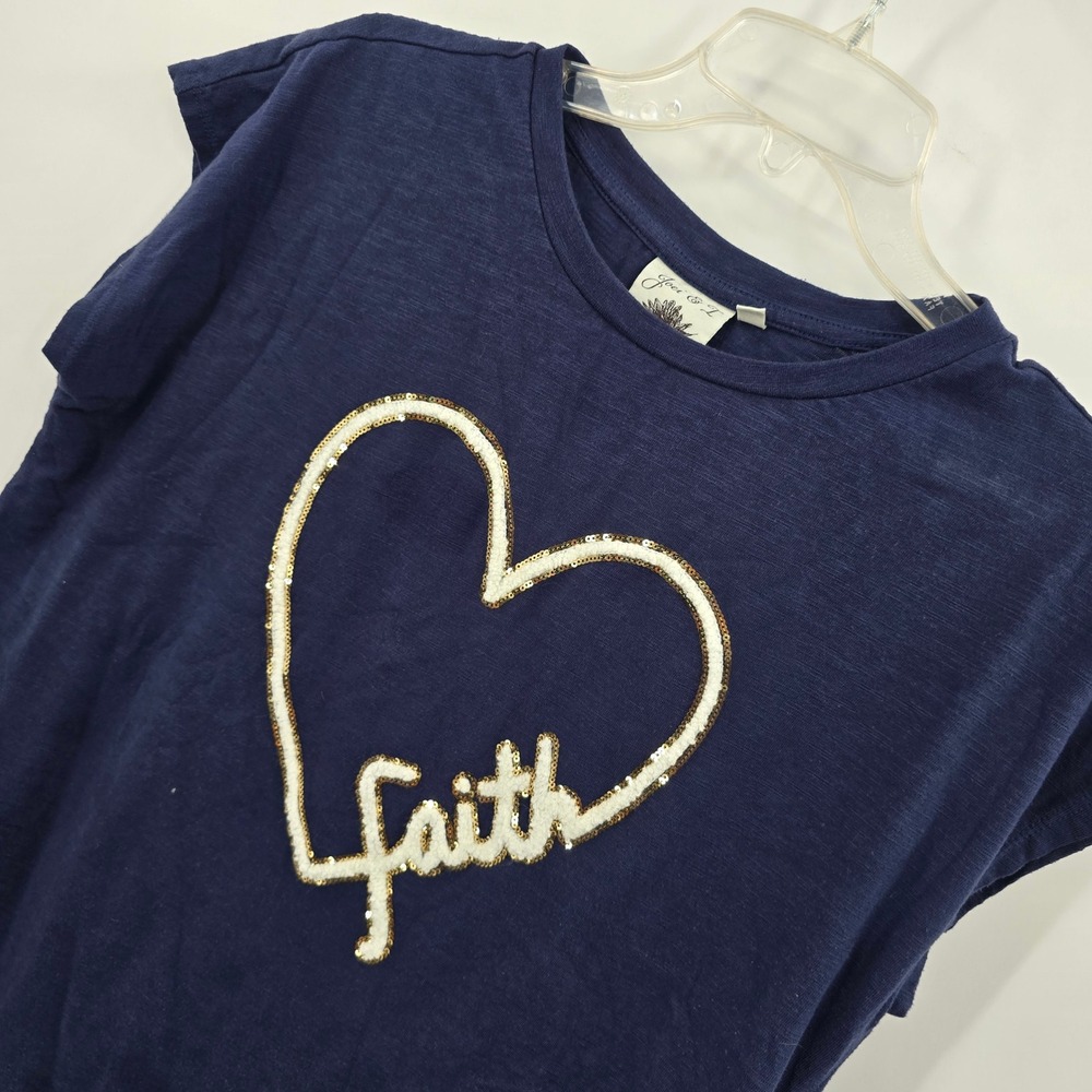 Joei & T Thsirt Womens Large Navy Blue Faith Heart Sequin
